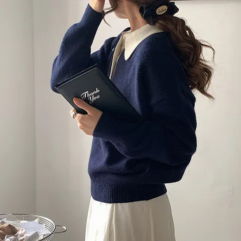 여성 제이니 카라 니트 러블리 간절기 데일리 긴팔티 깉팔니트 (2color)