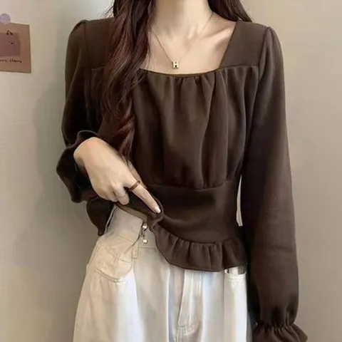 여자상의 예쁜 긴팔 블라우스 여자 셔츠 스퀘어넥 데일리 셔링