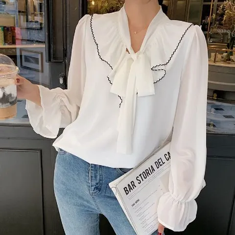 여성 리본 프릴 쉬폰 긴팔 블라우스 데일리 예쁜