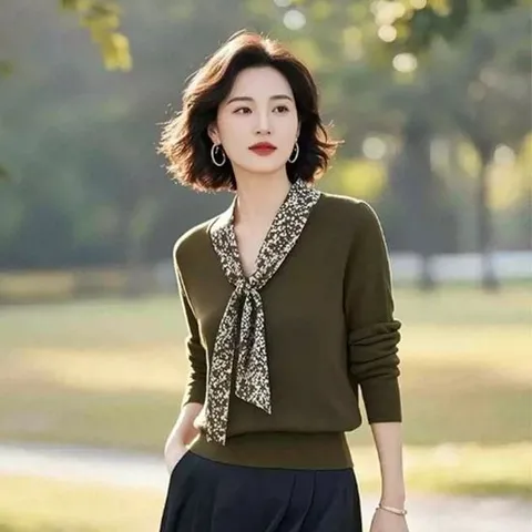 은창)엘레강스 스카프 넥 니트 티셔츠 스웨터 상의 가을 여성 겨울 보온 사무실 실내