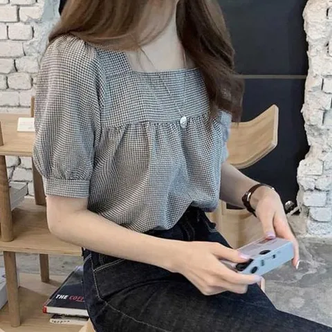 여성여름블라우스 여자 여름 직장인 출근 룩 반팔 셔링 체크 블라우스
