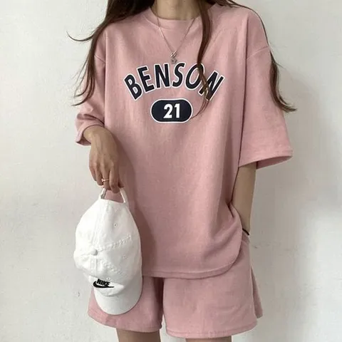 여성 여름 스타일 레터링 반팔 반바지 상하의 세트