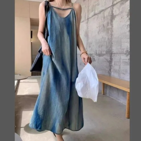 V넥나시원피스 여성 나염 데님 V넥 끈나시 롱원피스 1P 바캉스 비치