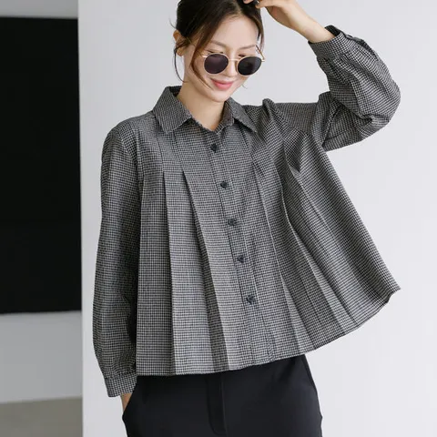 세미크롭 플리츠 체크셔츠 M1332