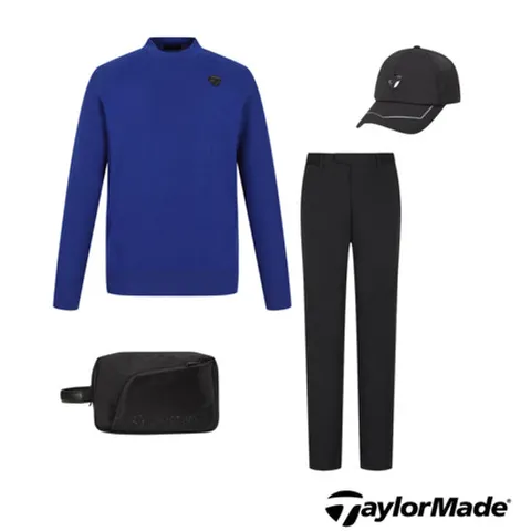 [ 현대백화점 ][테일러메이드] 어패럴 골프 25 F W O3222 O3181 907 남성 자가드 하이넥 니트 티셔츠 입체 패턴 바지 세트