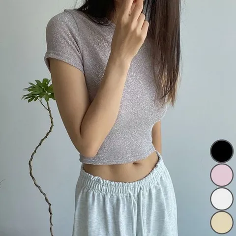 반짝이티셔츠 샴페인 크롭 반팔 메탈반짝이