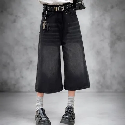 옷자락 / 여성 힙무드 워싱 와이드핏 7부 하이웨스트 청바지