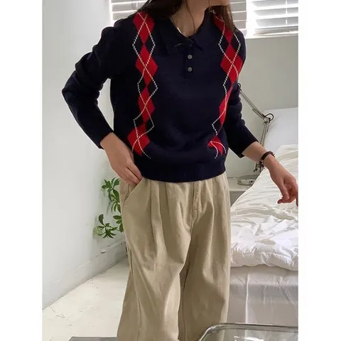 [샵앤]국산 여성 반단추 카라넥 아가일 긴팔 니트 티셔츠 21DS-WKN-4888-그린