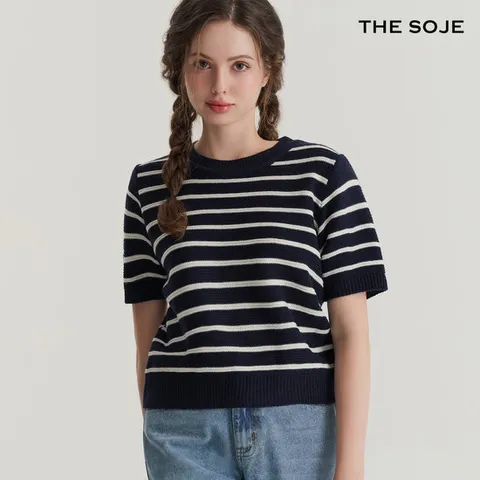 더 소재 여성 스트라이프 반팔 5부 니트 2컬러 (SJK25016)
