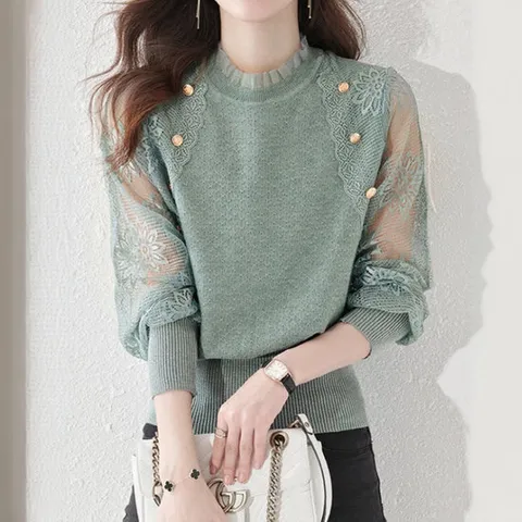 [에이시크] 플라워 버튼 레이스 시스루 니트  C25CKN782