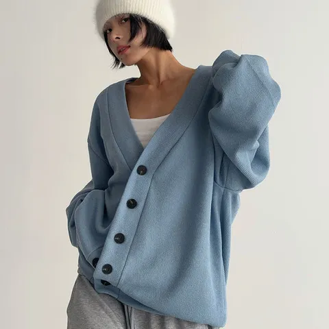 여자 남자 커플룩 오버핏 브이 퍼프 단추 가을 가디건