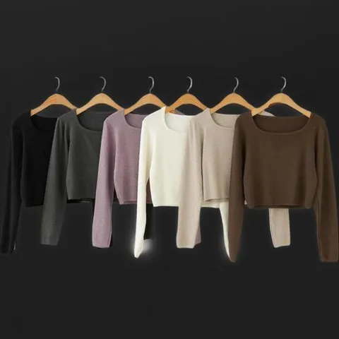 여성 크롭 긴팔 티셔츠 스퀘어넥 기본 무지 잔골지 가을 니트