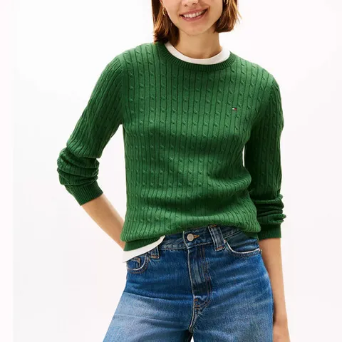 타미 여자 케이블 니트 크루 스웨터 Evergreen