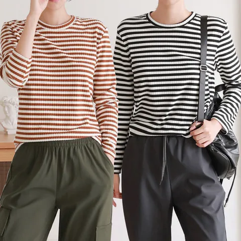 모든GO 포그니 여성 기모 스트라이프 티셔츠 간절기 겨울 따뜻한