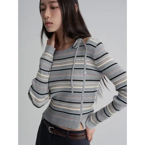 (125951MQ13) [에잇세컨즈] 스트라이프 어깨 트임 풀오버 그레이