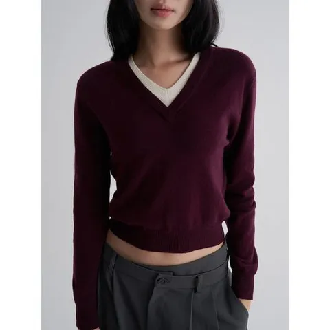 (115951LY1Z) [에잇세컨즈] 겹쳐입은듯한 브이넥 풀오버 와인