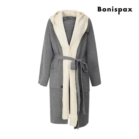 [ 롯데백화점 ]보니스팍스  벨티드 배색 후드 롱 가디건 (XP9KG006M0)