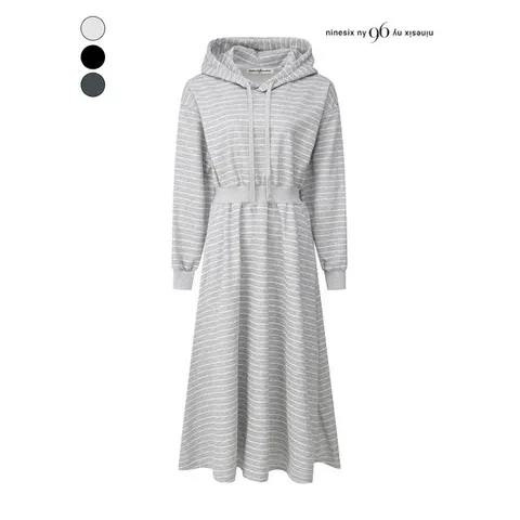 [나인식스뉴욕]허리 밴딩 플레어 스트라이프 후드 원피스 (NP9OP