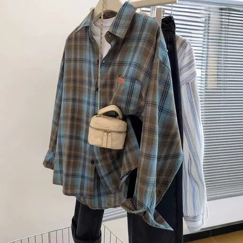 [모어씨유] 프론트 체크 셔츠 긴팔 남방 탑