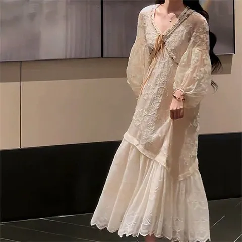 [아리엘스타일]레이스원피스 시스루 퍼프소매 마리아노롱원피스