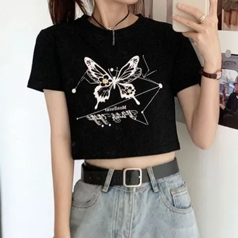 [에이치플러스몰]세미크롭 나비반소매 티탑 듀얼컬러 심플