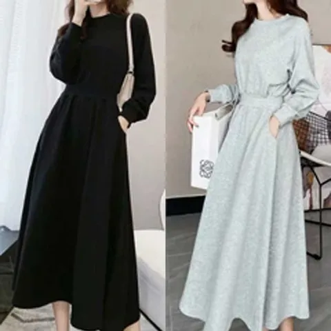 가을 겨울 라운드넥 긴팔 원피스 롱 플레어 데일리