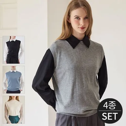 [로코엘라]디엘 캐시미어 모크넥 레이어드 슬리브리스 니트 4종세트