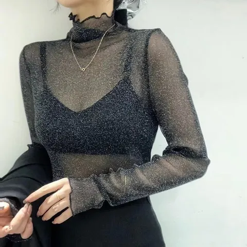 여성 시스루 스판 스무디 펄 목폴라 블라우스 레이어드 이너티