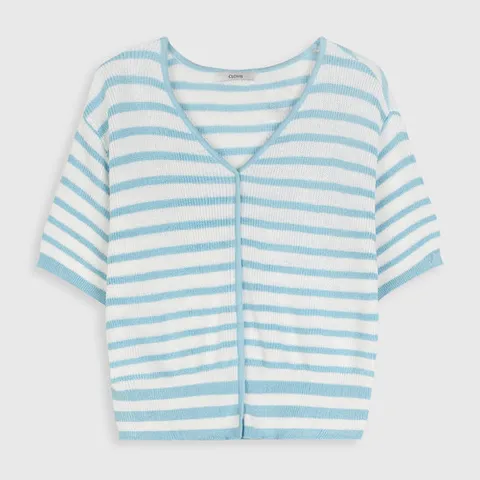 [클라비스]V넥 스트라이프 반팔 니트 (CVKRC3701Q-T)