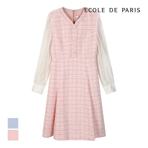[에꼴드파리/드라로얄] 소매배색 트위드 원피스_RB33WOAE13Z