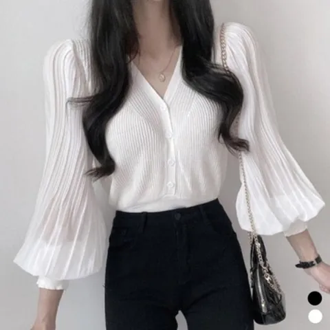 [다잇템][다잇템] 여자 벌룬 소매 골지 귀여운 V넥 가디건_22141