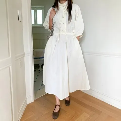 [다잇템][다잇템] 여성 폴라넥 반소매 롱 바람막이 후레아 원피