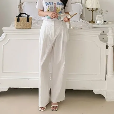 [다잇템][다잇템] 여자 와이드핏 여름출근룩 투핀턱 화이트 나일