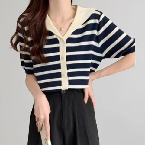 [신상오픈런]CCJ64F2여성 세일러 카라넥 반팔 단가라 가디건 키