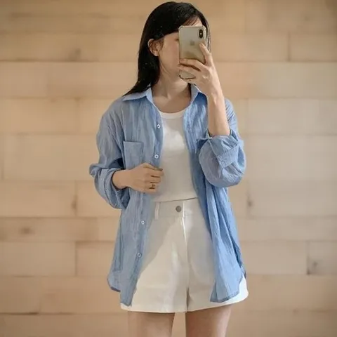 [신상오픈런]CHH3D8D여성 기본 컬러 면 시스루 오버사이즈 셔츠_