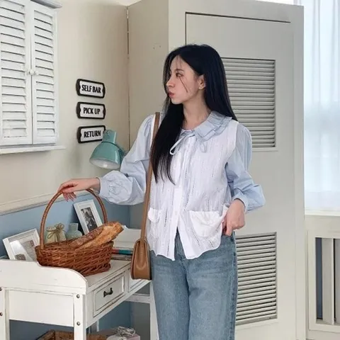 [신상오픈런]KHH316A비트리 면 라운드 레이스장식 스프링 블라우