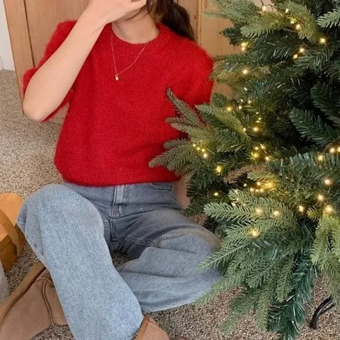 [신상오픈런]KHT69C7릴드엣 스웨터 숏슬리브 앙고라털 여성 윈터