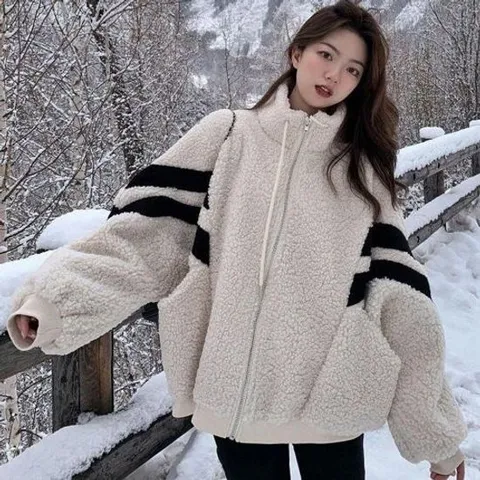 점퍼 바람막이 자켓 아우터 여성 소매 투톤 하프넥 양털 뽀글이