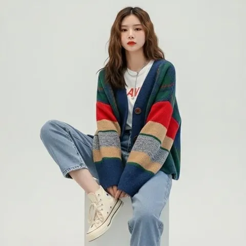 여성 엣지 도톰 가디건 컬러풀 포인트 빈티지 봄 가을 예쁜 간절기 아우터 데이트룩