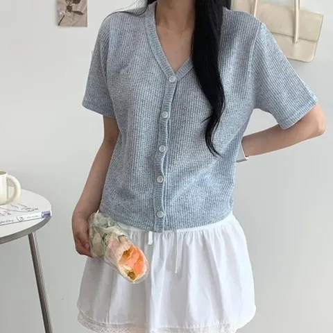 [다잇템][다잇템] 여자 골지 반소매 하늘색 SS 나들이 V넥 가디