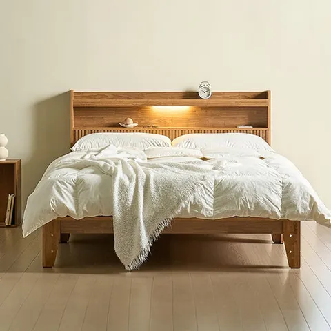 리퍼 마르코 원목 템바 LED 조명 평상형 침대프레임 내추럴 월넛 퀸(Q)