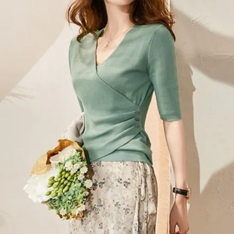 [다잇템][다잇템] 여자 봄여름 슬림핏 V넥 칠부 오피스룩 탄력