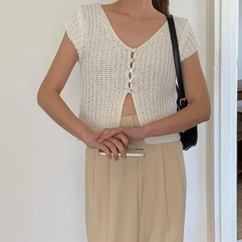 [브이와이][VY] 여자 캡소매 뜨개 오픈 가디건_WJK21671_1791408