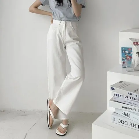 [브이와이][VY] 여자 H라인 여름흰팬츠 백바지 통핏 일상룩 면바