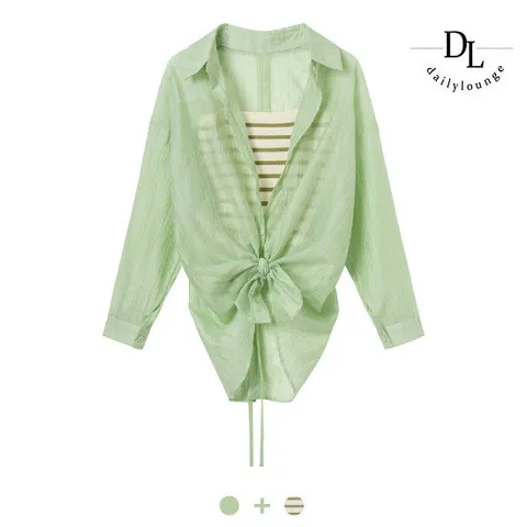 [데일리라운지]데일리라운지시스루 스트라이프 탑 셋트 2종