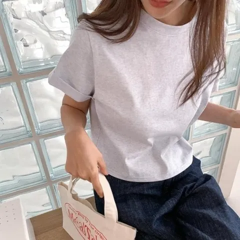 [다잇템][다잇템] 여자 프레피 세미크롭 반소매 베이직 폴딩 이