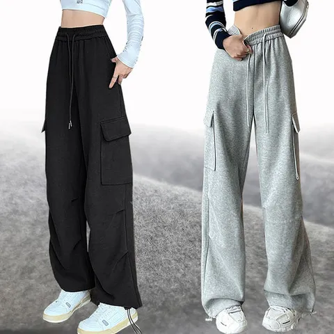 힙제이 (FREE~2XL) 기모바지 와이드팬츠 카고바지 스트링 통바지 고무줄 여성 기모통바지