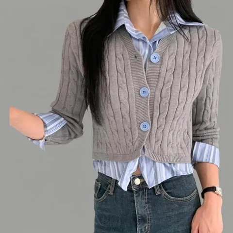 [신상오픈런]여성용 데일리 레이어드 니트 가디건 짧은 꽈배기 셔츠