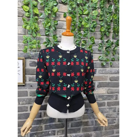 퐁당 / 꽃패턴 리본단추 퍼프소매 가디건