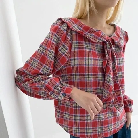 [다잇템][다잇템] 여자 프릴 세일러카라 보우 면원단 격자 벌룬